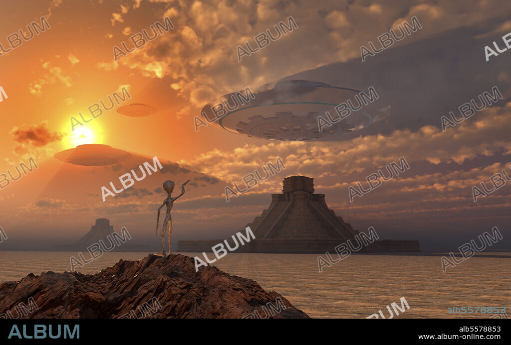 Ancient Mayan Gods, known as Grey Aliens, signaling their flying saucers as they approach their landing sites.
