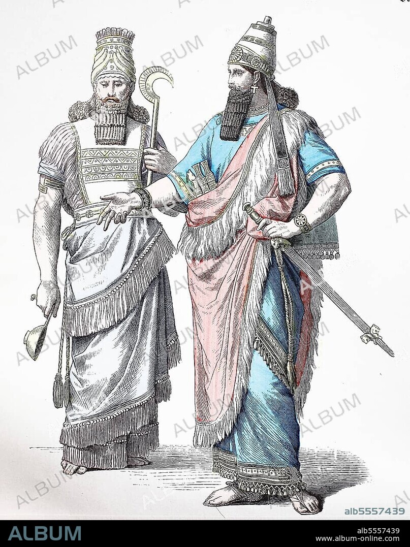 Folk traditional costume, clothing, history of costumes, Assyrian high priest and Egyptian king from the pre-Christian era, Historical, digitally restored reproduction of a 19th century original
