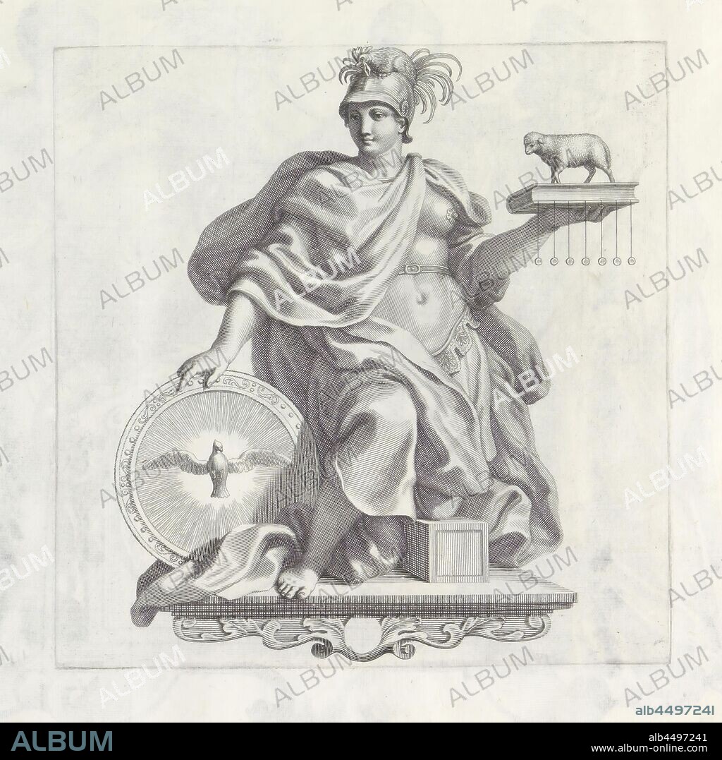 Personification of Divine Wisdom Numismata virorum illustrium ex Barbadica gente (series title), A console with the female personification of Divine Wisdom. The woman is kneeling on a square stone. She is wearing a breast piece and a helmet with a rooster on it. In her right hand a round shield with the Holy Spirit in the form of a dove. In her left hand she has the Book of Wisdom, closed with seven seals and on top of the Lamb of God. The print is part of an album, fowl (cock, hen, chicken, etc.), the book with the seven seals enthroned, Revelation of John, lamb, 'Sapientia', Wisdom, 'Sapienza divina' (Ripa), one of the seven gifts of the Holy Ghost, Holy Ghost represented as a dove (in flames), Robert van Audenaerd (mentioned on object), Rome, 1673 - 1743, paper, engraving, h 181 mm × w 180 mm.