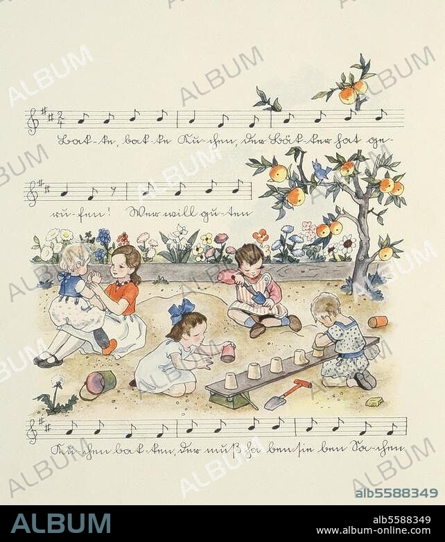 Musik / Gesang / Volkslied:. "Backe, backe Kuchen, der Bäcker hat gerufen (...) ". Text- u. Notendruck mit Illustration von Elisabeth Hasse. Aus: Deutsche Kinderlieder, Meersburg u. Leipzig (F.W.Hendel-Verlag) o. J. (um 1935/40).
