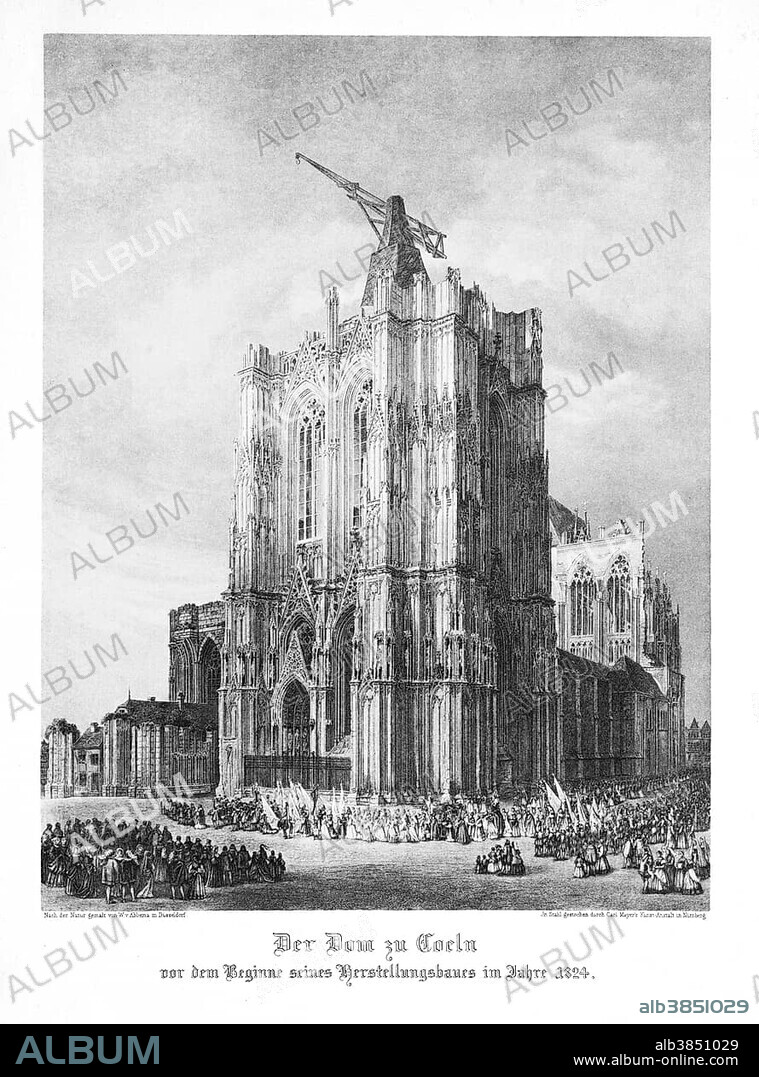 Historical engraving, Cologne Cathedral with a crane, by Wilhelm von Abbema in 1824, engraved in steel by Carl Mayer Art Institute, Nuremberg, Gothic, Romantic, Historicism, UNESCO World Cultural Heritage Site, Germany, Europe
