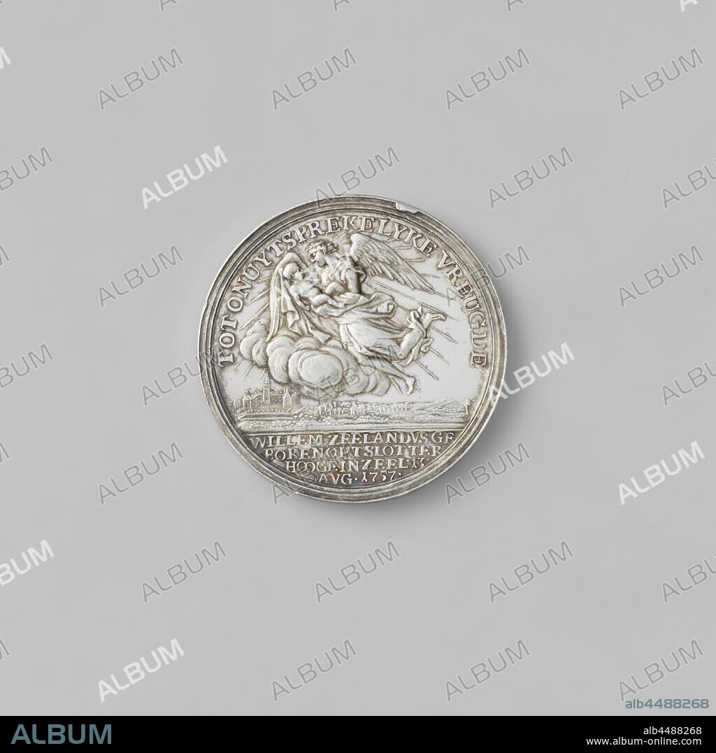 Family medal, Birth of Willem Zeelandus van Borssele, son of Jan van Borssele, first noble of Zeeland and Anna Margaretha Elisabeth Coninck, Silver Medal. Obverse: angel with child on arm descends on cloud and surrounded by a halo of clouds from clouds, in the background, the castle of Ter Hooghe, inside a circle, cut off: inscription. Reverse: pigeon with an orange branch in its mouth: two coats of arms between palm and rosette branch, with ribbon attached to two coats of arms under a crown inside inscription, Ter Hooghe, Jan van Borssele van der Hooghe, Willem Zelandus, Lord of Borssele, Anna Margaretha Elisabeth Coninck, Martin Holtzhey, Middelburg, 1757, silver (metal), striking (metalworking), d 4.2 cm × w 30.88 gr.
