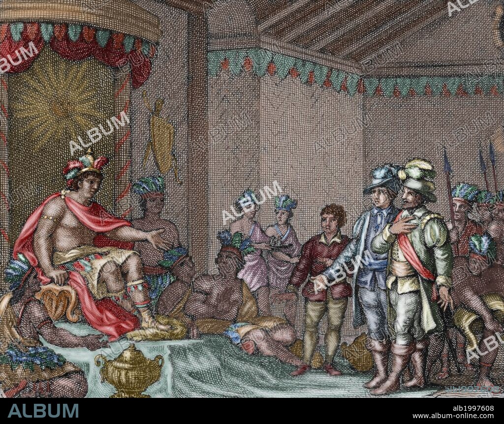 Atahualpa (1497-1533). Inca Emperor. Submission of the last Inca emperor to the spanish embassy of Francisco Pizarro, led by Hernando de Soto. Colored engraving, 1807.