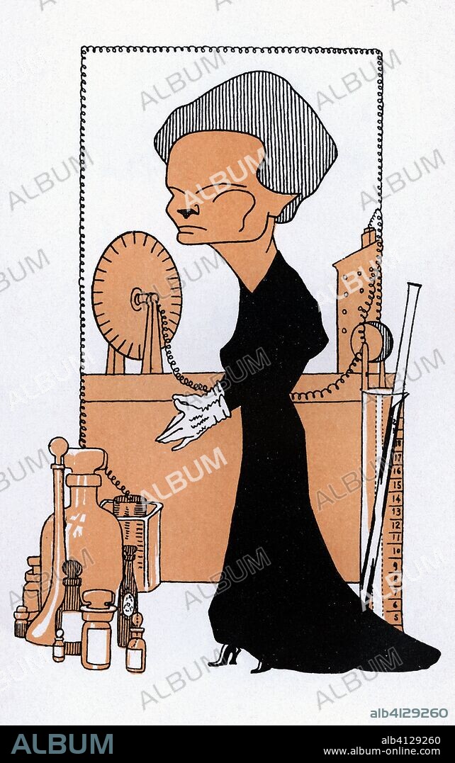 ROMÁN BONET SINTES "BON". Caricatura de Marie Curie, conocida también como Maria Sklodowska-Curie (1867–1934) fue una química y física polaca, posteriormente nacionalizada francesa. Pionera en el campo de la radiactividad, fue la primera persona en recibir dos premios Nobel y la primera mujer en ser profesora en la Universidad de París. Año 1911.