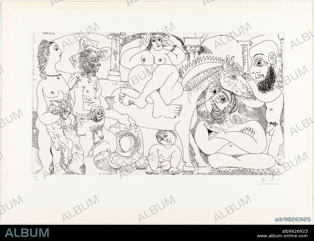 PABLO PICASSO. Groupe avec femme à l'Agneau, odalisque-écuyère et autoportrait en garagiste.