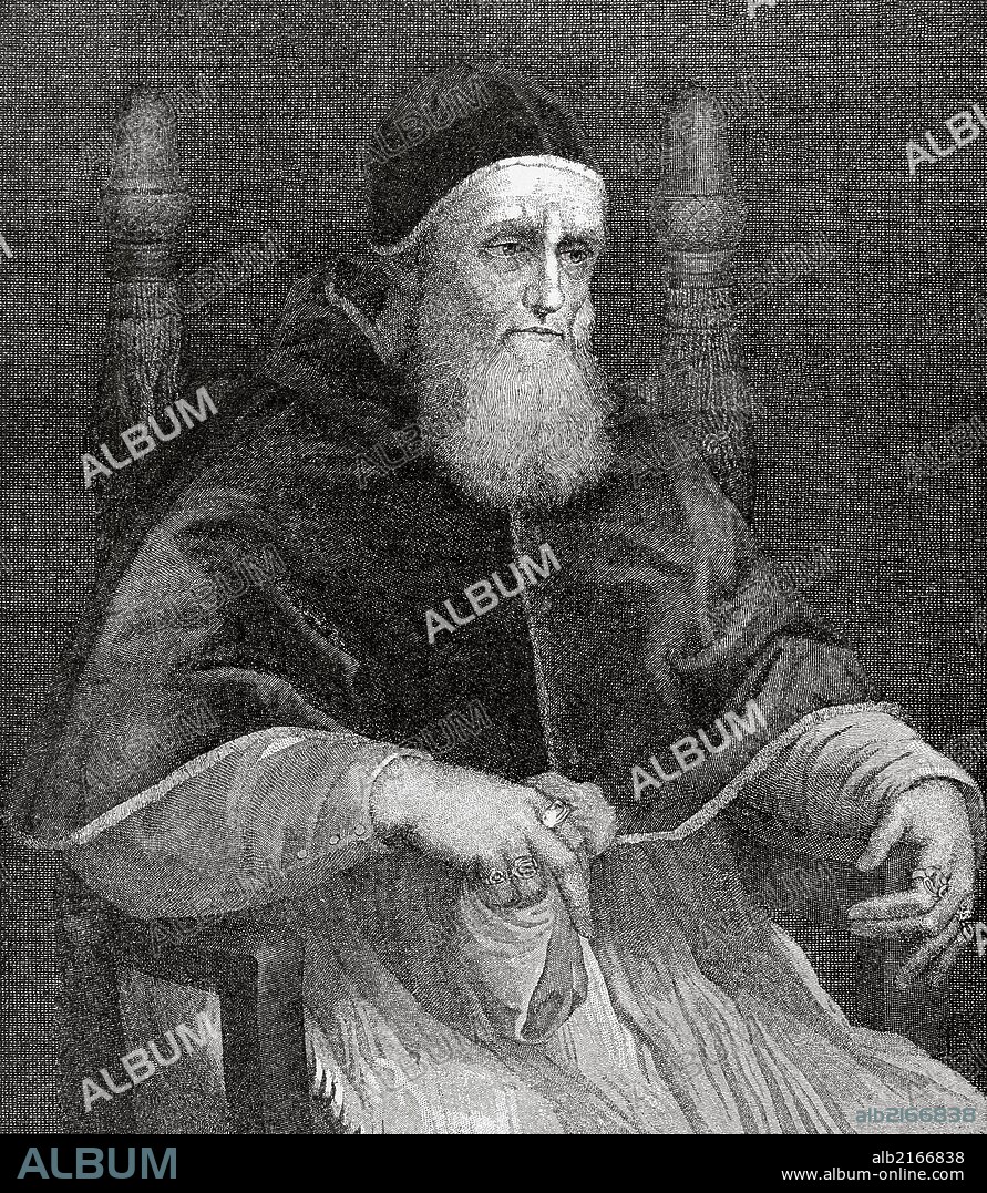 JULIO II (1443-1513). Papa nº 216 de la Iglesia católica, de 1503 a 1513. Se le conoce como "El Papa guerrero" por la intensa actividad política y militar de su pontificado. Grabado "Historia Universal", año 1885.