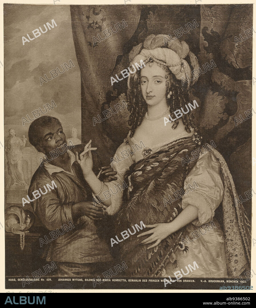 Portrait of Maria Henrietta Stuart, Portrait of Maria Henrietta. On the left, a dark-skinned boy. In the lower margin her name and title in German., Verlagsanstalt Fr. Bruckmann A.-G. (mentioned on object), after: Jan Mijtens (rejected attribution), München, 1904, photographic support, height 240 mm × width 205 mm.