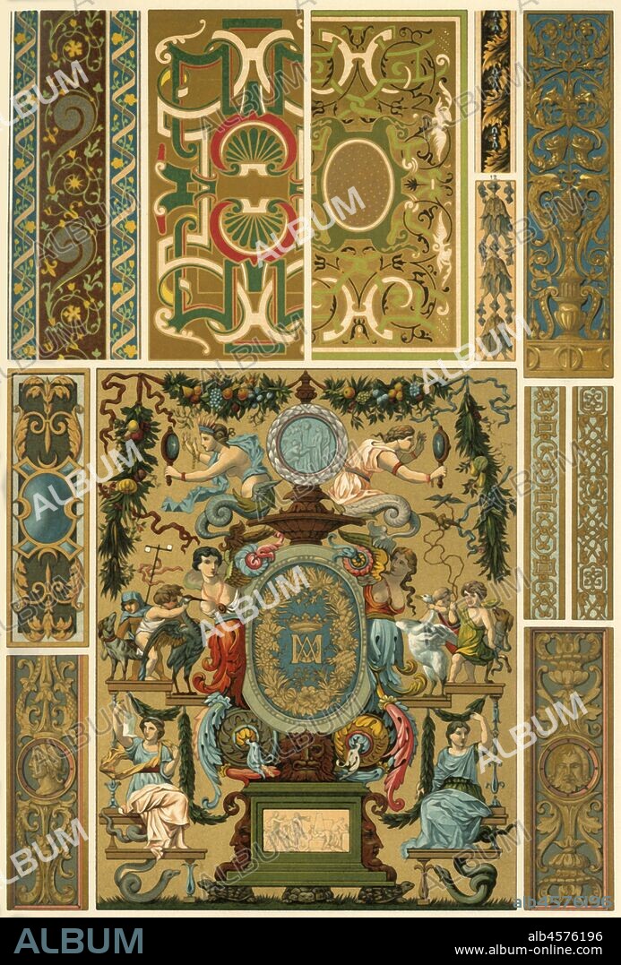 French Renaissance wall painting, polychrome painted sculpture, weaving and book covers, (1898). 'Fig 1: Painted frieze on both sides of a chimney in the Hôtel d'Aluie at Blois, style of Louis XII, 1st half of the 16th century. Figs 2: Wood-carved panel from the Castle at Gaillon, style Louis XII, 1st half of the 16th century. Figs 3 and 4: Carved and painted girder-panels on a ceiling in Assize-court at Dijon, style of François I XII, 1st half of the 16th century. Fig 5: Carved and painted ceiling-panel from the Diana-chamber in the Castle at Anet, style of Henri II, mid 16th century. Figs 6 and 7: French-book-covers, 2nd half of the 16th century. Figs 8: Painted wall-panel in the library of the arsenal at Paris, style of Henri IV - Louis XIII, 1st half of the 17th century. Fig 9: Painted wall-frieze from the Castle at Fontainebleau, style of Louis XIII, 1st half of the 17th century. Figs 10 and 11: Painted stucco-friezes from the Galerie d'Apollon in the Louvre at Paris (by Berain [Jean Bérain]), style of Louis XIV, 2nd half of the 17th century. Fig 12: Border from a Gobelin [tapestry] (by [Charles] le Brun), style of Louis XIV, 2nd half of the 17th century'. Plate 65 from "The Historic Styles of Ornament" translated from the German of H. Dolmetsch. [B.T. Batford, London, 1898].