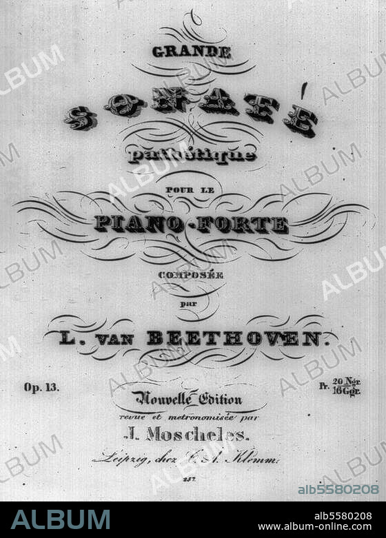 Beethoven, Ludwig van Komponist, 1770-1827. Werke: Sonate pathetique für Klavier c-moll op. 13 (1798/99). - Titelblatt der Ausgabe: Grande Sonate pathetique (...), Nouvelle Edition revue et metronomisee par J. Moscheles", Leipzig (C.A.Klemm) o. J. (ca. 1830). Berlin, Sammlung Archiv für Kunst und Geschichte.