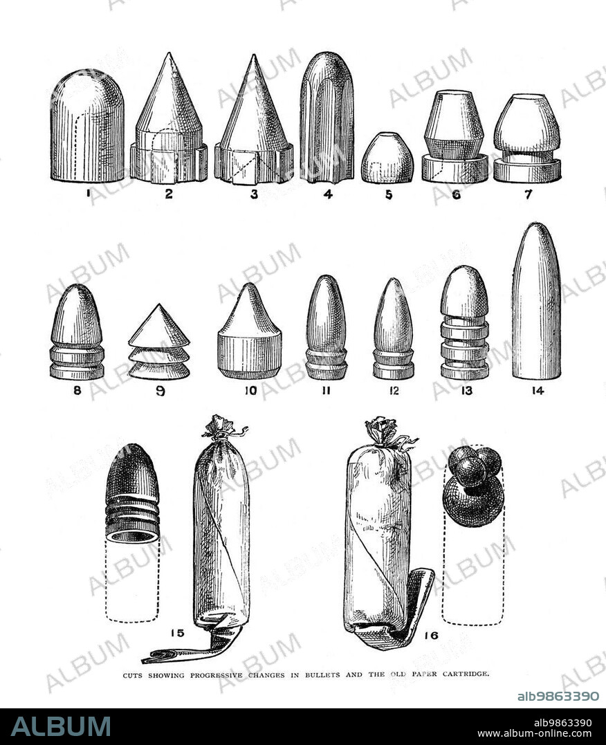 Cuts showing progressive changes in bullets and the old paper cartridge.. US Magazine illustration from 1880. 1, 2 and 3 The Original Minie ball, with an iron cup in the base, and as improved and used without cups 4 Whitworth bullet 5, 6, and 7 Bullets used by France during and immediately after the Crimean war 8 and 9 German bullets 10 A Sardinian bullet 11 and 12 Swiss bullets 13 Bullet currently used at our (USA) military service 14 Bullet for long range firing 15 Paper cartridge with a Minie bullet 16 B