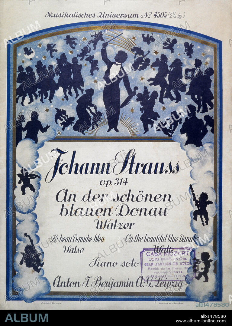 Portada del vals "Al bello Danubio Azul" de 1867 del compositor austríaco Johann Strauss, hijo (Viena, 1825-1899).