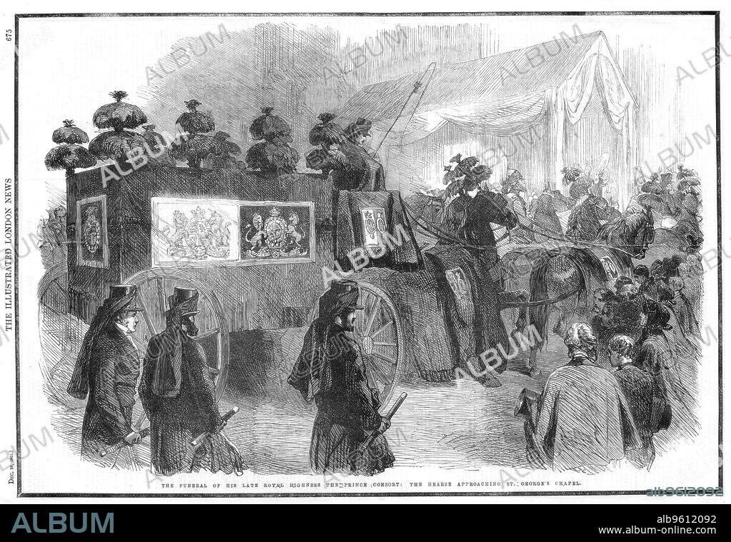 Funeral of Albert, Prince Consort, 1861. The hearse approaching St George's Chapel, Windsor. Prince Albert of Saxe-Coburg-Gotha (1819-1861) married his first cousin, Queen Victoria, in 1840. In 1857 he was given the title Prince Consort and became the Queen's private advisor. He was interested in arts, science and industry and planned the Great Exhibition of 1851. His death in 1861, from typhoid fever, was a crushing blow to Queen Victoria, who wore mourning dress for the remaining 40 years of her life. From the first issue of The Illustrated London News after Albert's death on 14 December 1861. The black border denoting the nation's mourning.