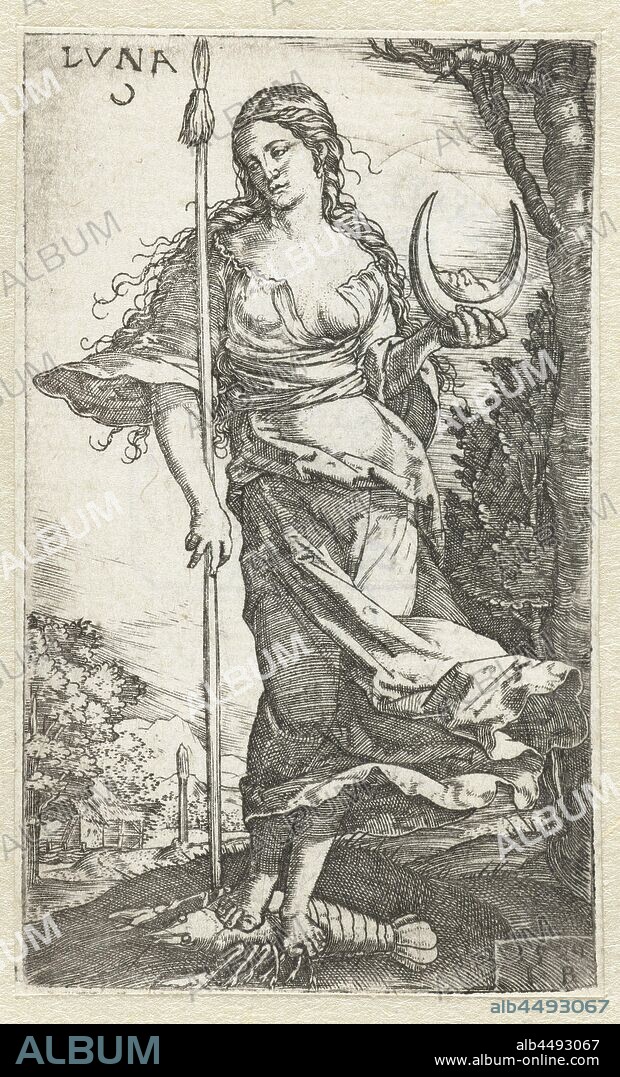 Diana Luna (title on object) Gods sitting on the seven planets (series title), Diana as the moon goddess Luna, standing on the star statue lobster, a staff in her right hand and a crescent moon in hot left., Diana as moon-goddess, ie Luna (Selene), Monogrammist IB (16e eeuw) (mentioned on object), Germany, 1529, paper, engraving, h 83 mm × w 49 mm.