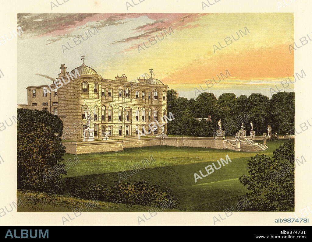 Powerscourt, County of Wicklow, Ireland. Granite house with Grecian facade built by architect Richard Cassels for Richard Wingfield, 1st Viscount Powerscourt, in 1741. Colour woodblock by Benjamin Fawcett in the Baxter process of an illustration by Alexander Francis Lydon from Reverend Francis Orpen Morriss Picturesque Views of the Seats of Noblemen and Gentlemen of Great Britain and Ireland, William Mackenzie, London, 1880.