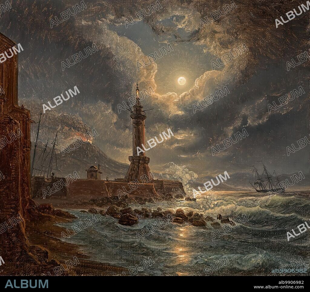 JOSEPH REBELL. Lighthouse in the harbor of Naples in the moonlight, 1827.