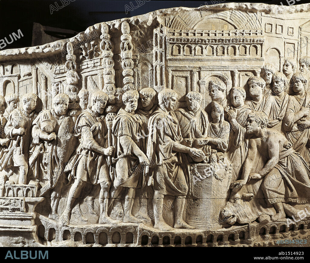 Roman civilization, 2nd century A.D. Cast of the Trajan's Column. Detail: Emperor Trajan sacrificing a bull to Neptune.