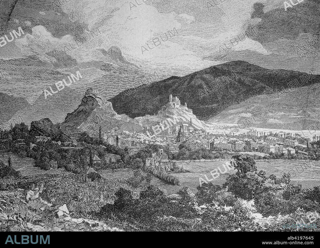 View of Sion, Sion, Switzerland, Valais, Ansicht von Sion, Sitten, Schweiz, Wallis, woodcut from 1885, digital improved.