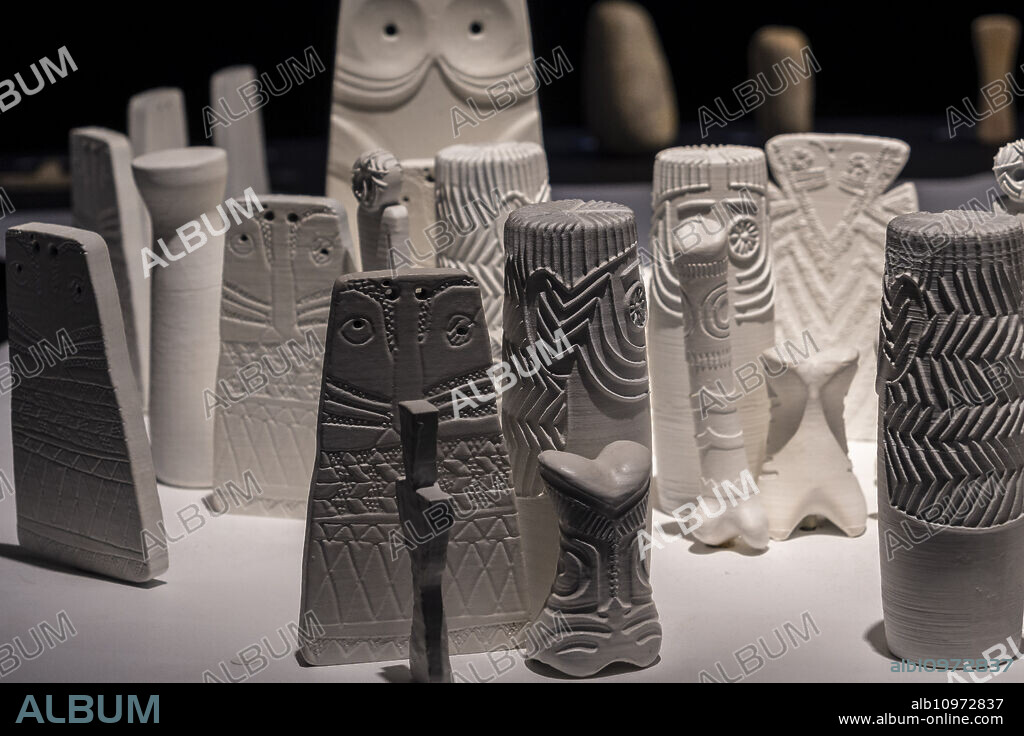 models of Iberian idols of many types, Huelva Museum, Huelva, Andalusia, Spain.