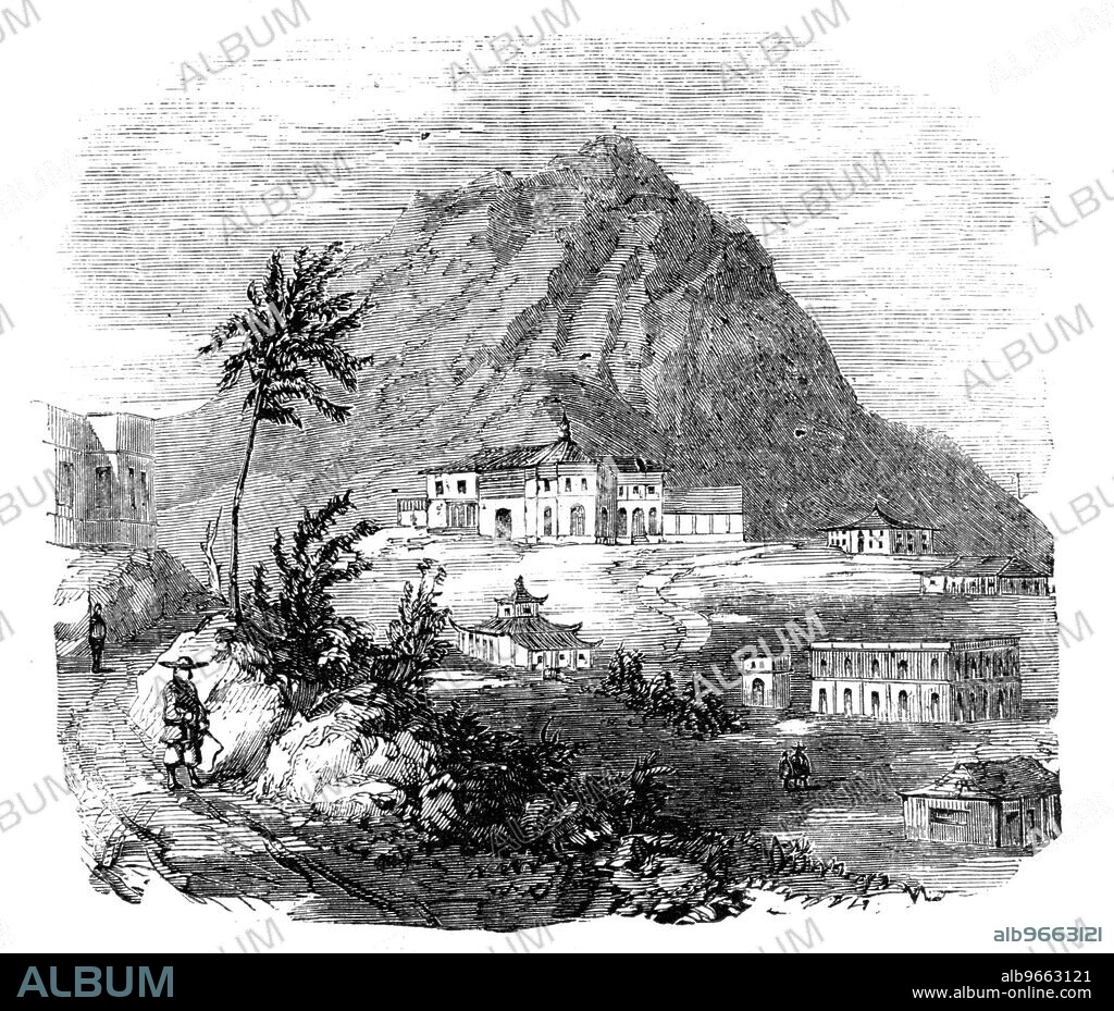 Victoria Peak, Hong-Kong, 1857. Engraving from a sketch '...by the late Arthur V. Johns, Esq., H.C.S...[near] the town of Victoria, Island of Hong-Kong...a north-east view of Victoria Peak, 1800 feet high, taken from the Harbour master's Flagstaff, showing Caine's House, late the residence of Governor Sir John F. Davis, Bart. Below is a Chinese Bungalow, the first solid building erected on Hong-Kong as a European residence in 1841, by the present Lieut.-Governor, Col. Caine; to the right, on the slope of the hill, the Magistracy and Prison compound'. From "Illustrated London News", 1857.