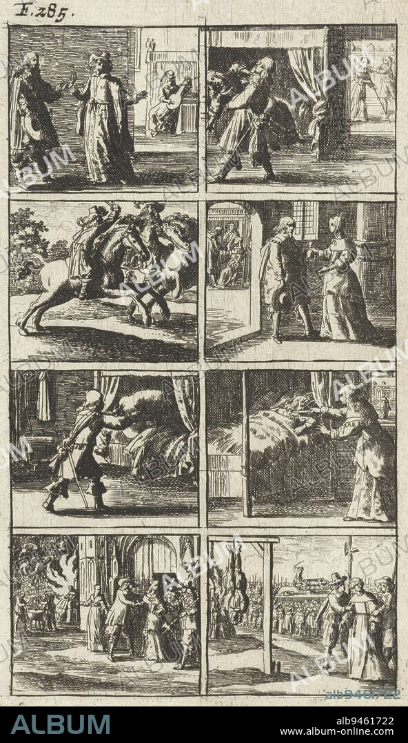Story in eight scenes with some scenes of murder and death penalty. Including three murders in a bedroom. At the bottom right a man hangs upside down on a gallows and in the distance a person is raped. Top left: F. 285., Story with scenes of murder and death penalty., print maker: Abraham Dircksz. Santvoort, publisher: Gerrit van Goedesberg, print maker: Netherlands, publisher: Amsterdam, 1667, paper, etching, h 155 mm × w 95 mm.