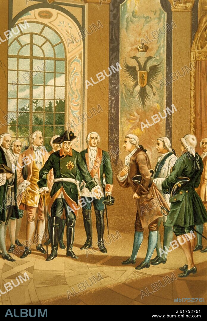 Jean le Roud d'Alembert (1717-1783). Matemático y filósofo francés, recibido en audiencia por el Emperador Federico II, en Berlin. Cromolitografia de 1883.
