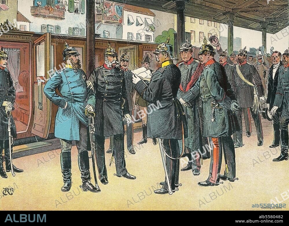 CARL ROEHLING. Bismarck, Otto von homme politique allemand; chancelier. 1815-1898. "Lecture de la dépêche de guerre française à la Gare de Potsdam, à Berlin, au retour du roi Guillaume de la ville d'Ems le 15 juillet" (1870). Imp. coul. de Carl Röhling. De: R. Hoffmann, Otto von Bismarck, Berlin 1897.