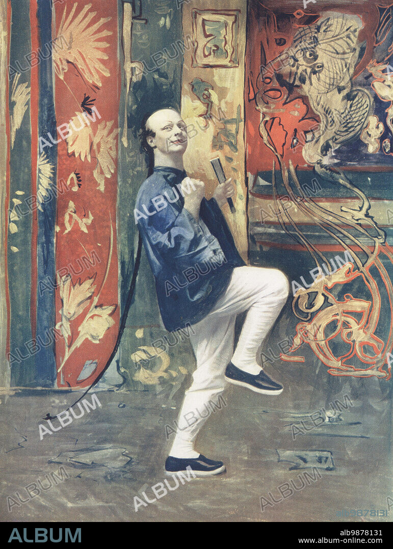 Huntley Wright as Li in San Toy, or the Emperor's Own, a Chinese musical comedy by Edward Morton and Sidney Jones, 1899. Wright was an English stage and film actor, comedian, dancer and singer, 1868-1941. Photograph by Alfred Ellis and Walery (Stanislaw Julian Ignacy). Colour printing of a hand-coloured illustration based on a monochrome photograph from George Newness Players of the Day, London, 1905.