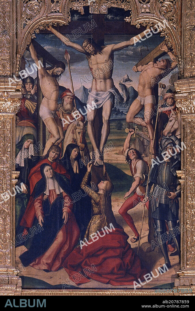 PEDRO BERRUGUETE (1450-1504) Y SANTA CRUZ (?-1508). RETABLO DEL ALTAR MAYOR - TABLA DE LA CRUCIFIXION - SOBRE 1508  FOTOGRAFIA EN BLANCO Y NEGRO - AÑOS 60.