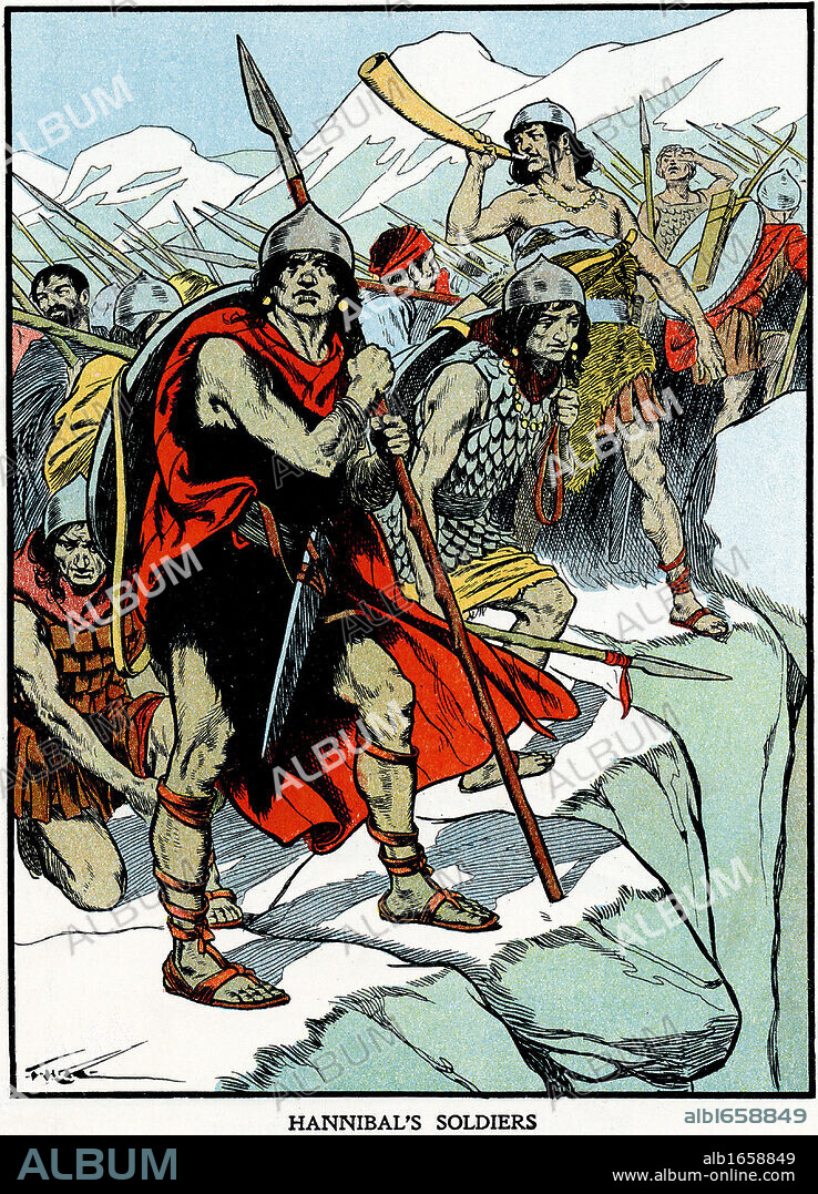 Carthaginian general Hannibal's army crossing the Alps 218 BC to do battle with the Romans. Second Punic War. Early 20th century illustration.