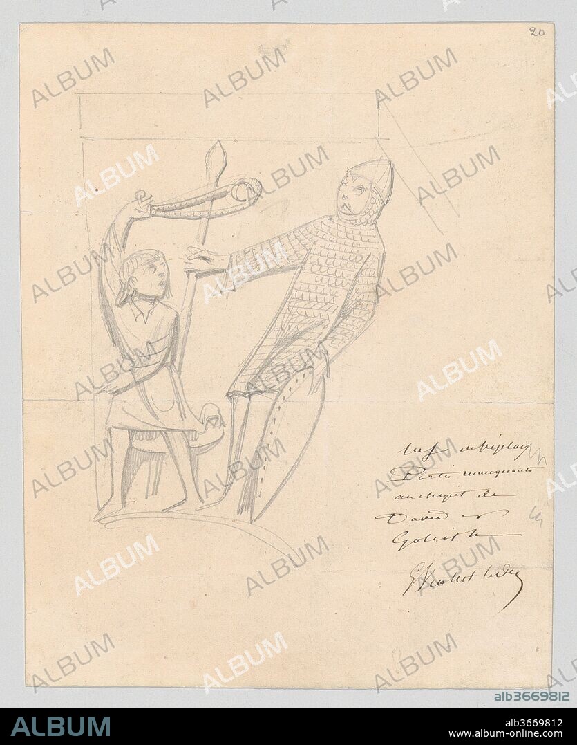 EUGENE-EMMANUEL VIOLLET-LE-DUC. David and Goliath, after a Capital in Vézelay Abbey. Artist: Eugène-Emmanuel Viollet-le-Duc (French, Paris 1814-1879 Lausanne). Dimensions: Sheet: 7 1/8 × 5 13/16 in. (18.1 × 14.7 cm). Date: ca. 1840.
A sketch in graphite of the biblical figures David and Goliath portrayed in medieval garb. The sketch is inspired by a carving on a capital in the medieval cathedral at Vézeley. David, at left, brandishes a sling shot while Goliath, wearing chain mail, holds a shield and a spear.

Viollet-le-duc studied architecture as well as geology and was responsible for the, sometimes creative, restoration of many medieval buildings  This quick sketch, probably made in a sketchbook, depicts two figures carved on the capital of a column in the Vézeley Cathedral, a church in Burgundy that he was charged with restoring in 1840..