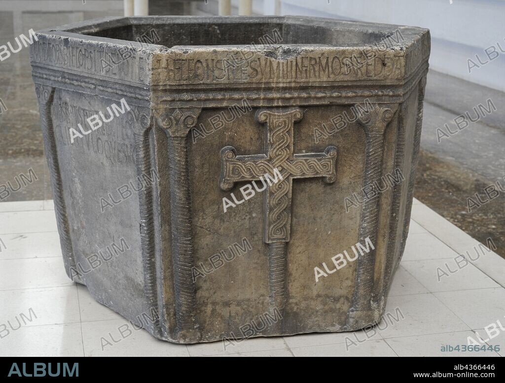 Baptismal font from the time of the Croatian duke Viseslav (785-802) around the year 800 AD from Nin. Latin inscriptions mention the name of a priest named John (Ivan), who baptized people during "the time of Duke Viseslav" in the honor of John the Baptist. Museum of Croatian Archaeological Monuments, Split, Croatia.