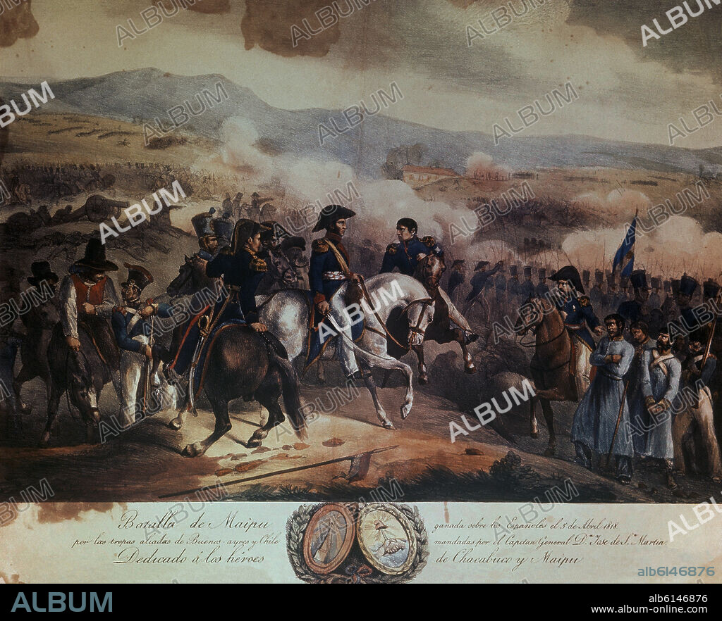 AUGUSTE RAFFET. BATALLA DE MAIPU (CHILE) EL 5 DE ABRIL DE 1818 - SAN MARTIN DERROTA A LOS REALISTAS CHILENOS - LITOGRAFIA - SIGLO XIX.