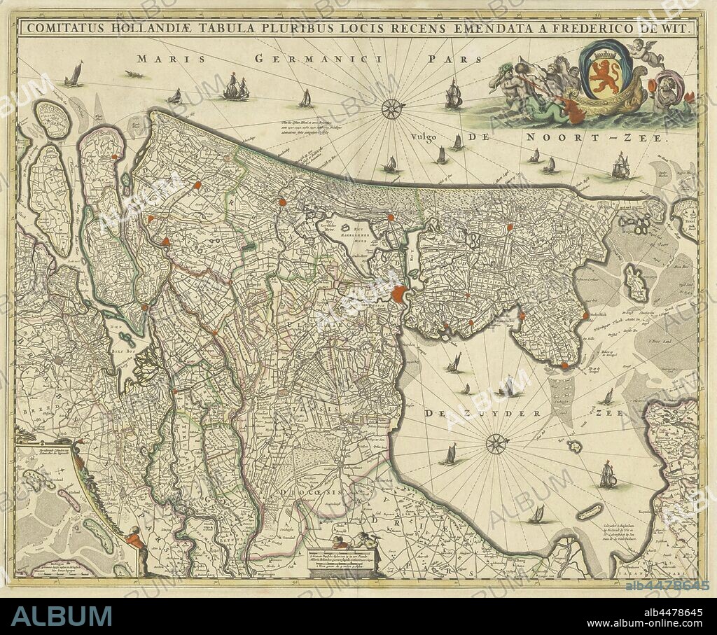 Map of county Holland, Comitatus Hollandiae tabula pluribus locis recens emendata (title on object), Map of the county of Holland on a scale of 1: 300 000, north on the right. Above right the weapon of Holland on a boat pulled by sea creatures. Bottom left a deployment with the Wadden Islands Texel, Vlieland, Terschelling and part of Ameland, maps of separate countries or regions, Holland, Noord-Holland, Zuid-Holland, Frederik de Wit (mentioned on object), c. 1670, paper, engraving, h 463 mm × w 563 mm.