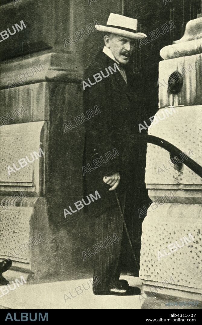 Prince Lichnowsky at the Foreign Office, London, 1914, (c1920). 'The German Ambassador's Last Call - Prince Lichnowsky knocking at the door of the Foreign Office, London, on the eve of the Declaration of War'. Karl Max, Prince Lichnowsky (1860-1928) served as German Ambassador to Britain. He claimed that the failure of German diplomacy directly caused the outbreak of the First World War. From "The Great World War - A History" Volume I, edited by Frank A Mumby. [The Gresham Publishing Company Ltd, London, c1920].