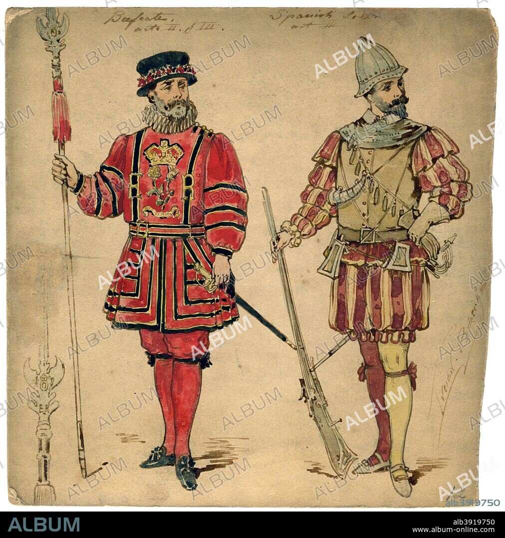 Beefeater and Spanish soldier, 19th century. Costume design by Lucien Besche.
