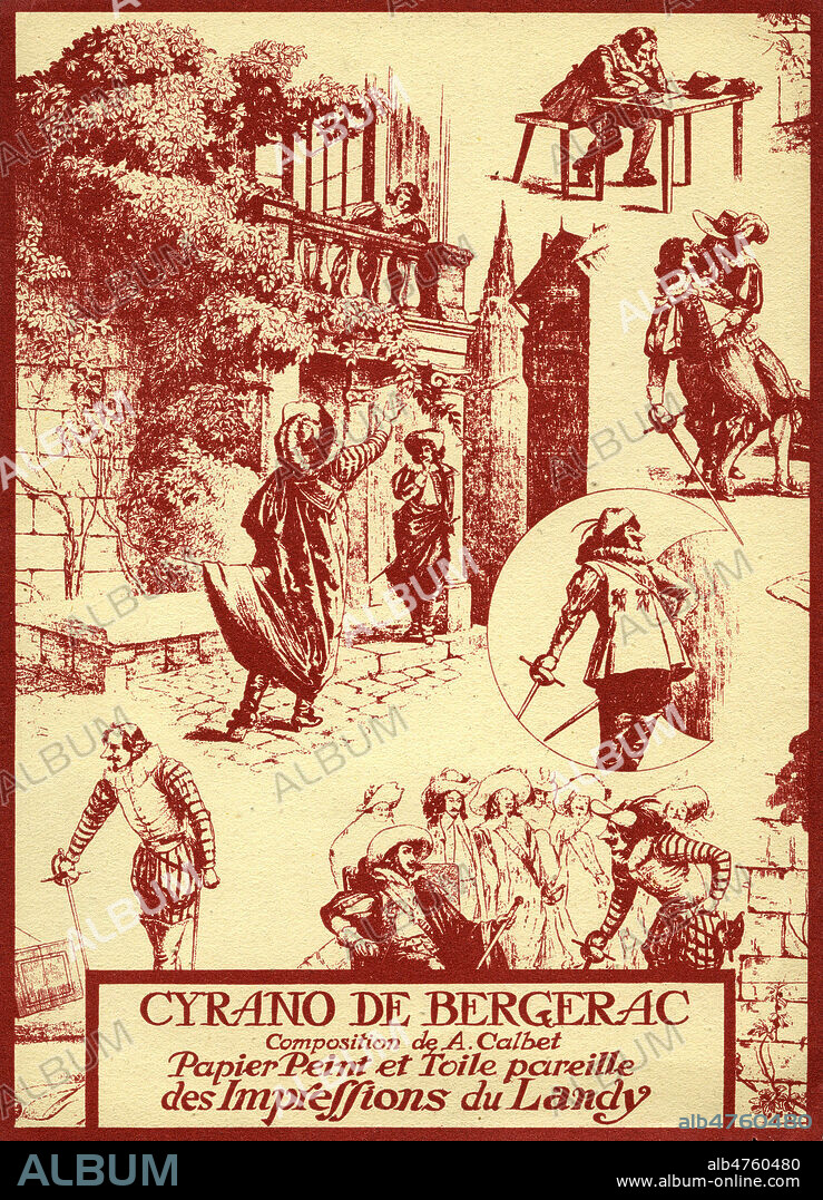 Papier peint ayant pour theme Cyrano de Bergerac. Composition par A.CALBET. Publicite pour la societe 'Les impressions du Landy', vers 1920. Credit : Collection IM/KHARBINE-TAPABOR.