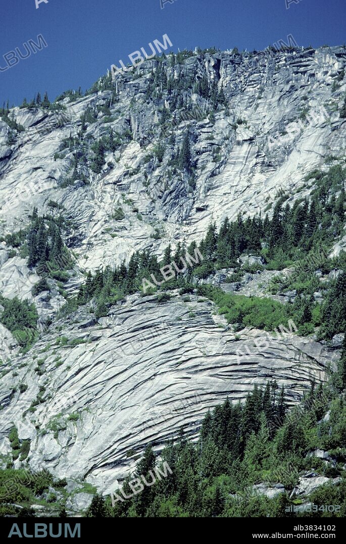 "Onion skin" exfoliation joints in granodiorite, Coquihalla Highway, British Columbia, Canada.
