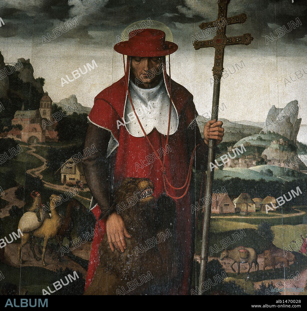 JERONIMO, San (347-h.420). Padre y doctor de la iglesia. "SAN JERONIMO CON LA CRUZ Y EL LEON". Pintura flamenca de estilo neogótica, perteneciente a la TABLA DE SAN BARTOLOME (s.XVI), atribuida a Pieter DE MOOR. Iglesia de Santa María del Puerto. Santoña. Cantabria. España.