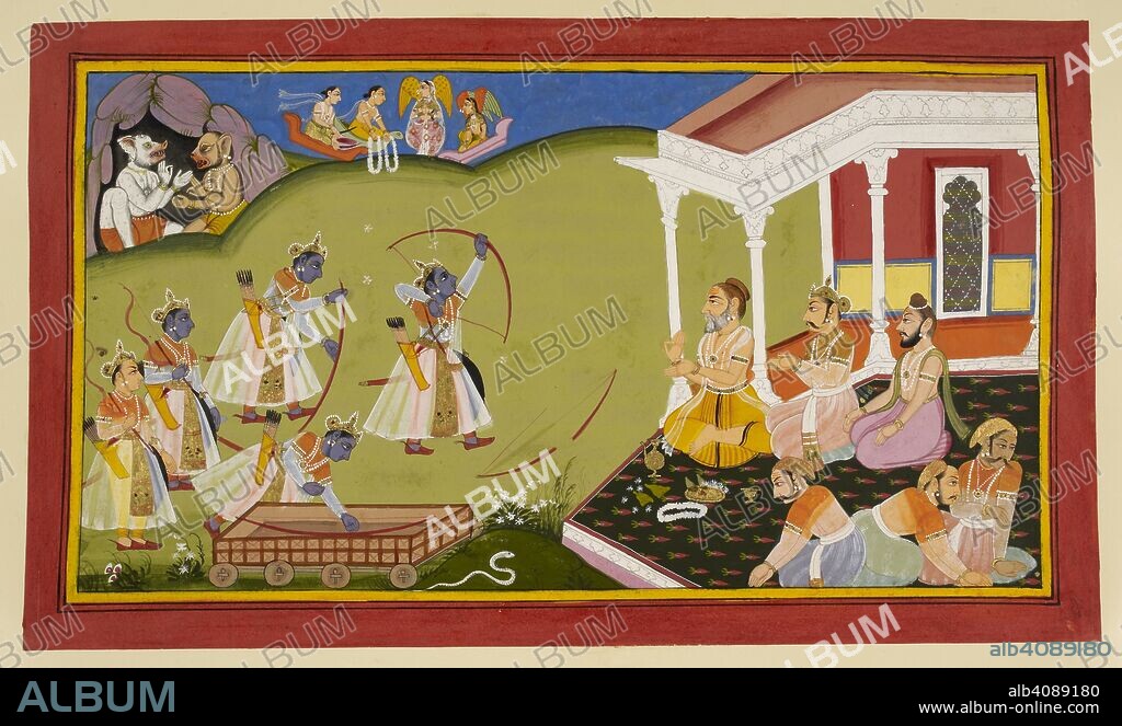 Rama breaks Siva's bow. Ramayana, Bala Kanda. Udaipur, 1712. Rama is able to lift the bow easily with one hand and, as if in sport, prepares it and draws it. Upon his bending the bow, it breaks in two with a sound resembling the crash of thunder or the hurling of Indra's thunderbolt. Celestials applaud and all beings, save the sage Visvamitra, King Janaka and the princes, are stunned by the reverberations of the sound and fall down in shock. Janaka immediately and joyfully bestows his daughter's hand on Rama and sends messengers to fetch Dasaratha.  Image taken from Ramayana, Bala Kanda.  Originally published/produced in Udaipur, 1712. . Source: Add. 15295, f.183. Language: Sanskrit.