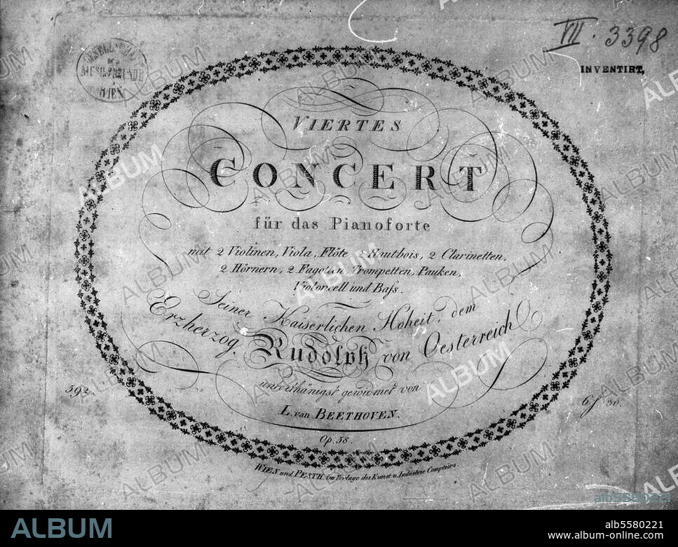 Beethoven, Ludwig van Komponist, 1770-1827. Werke: Konzert für Klavier und Orchester Nr. 4 G-dur, op. 58 (1805). Titelblatt der Erstausgabe Wien und Pest (Kunst- und Industrie-Kontor) o. J. (1805). Mit Widmung an Erzherzog Rudolf von Österreich.