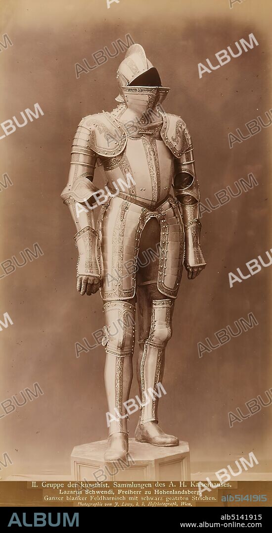 Josef Löwy, Lazarus Schwendi, Baron of Hohenlandsberg. Entire bare field armour with black etched lines, albumin paper, black and white positive process, image size: height: 30.7 cm; width: 16.7 cm, inscribed: recto u.: einbelichtet: II. group of the kunsthist. Collections of the A. H. Kaiserhaus, Lazarus Schwendi, Baron of Hohenlandsberg, Whole bare field armour with black etched lines, Photography by J. Löwy, Imperial and Royal Court Photographer, Vienna, armor, tanks, museum.