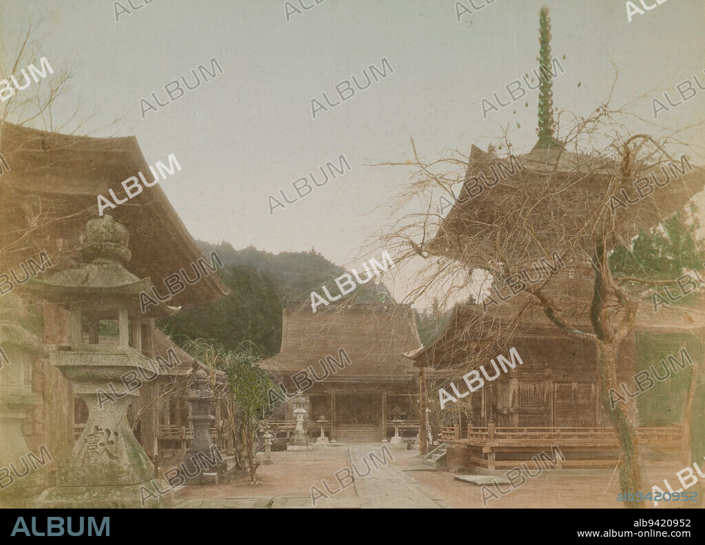 Moon Temple at Mayasan Kobe, c. 1891, Tamamura K., Japanese, active 1890 - 1910, 7 1/2 x 10 1/8 in. (19.05 x 25.72 cm) (image)10 1/2 x 13 5/8 in. (26.67 x 34.61 cm) (mount), Hand-colored albumen print, Japan, 19th century.