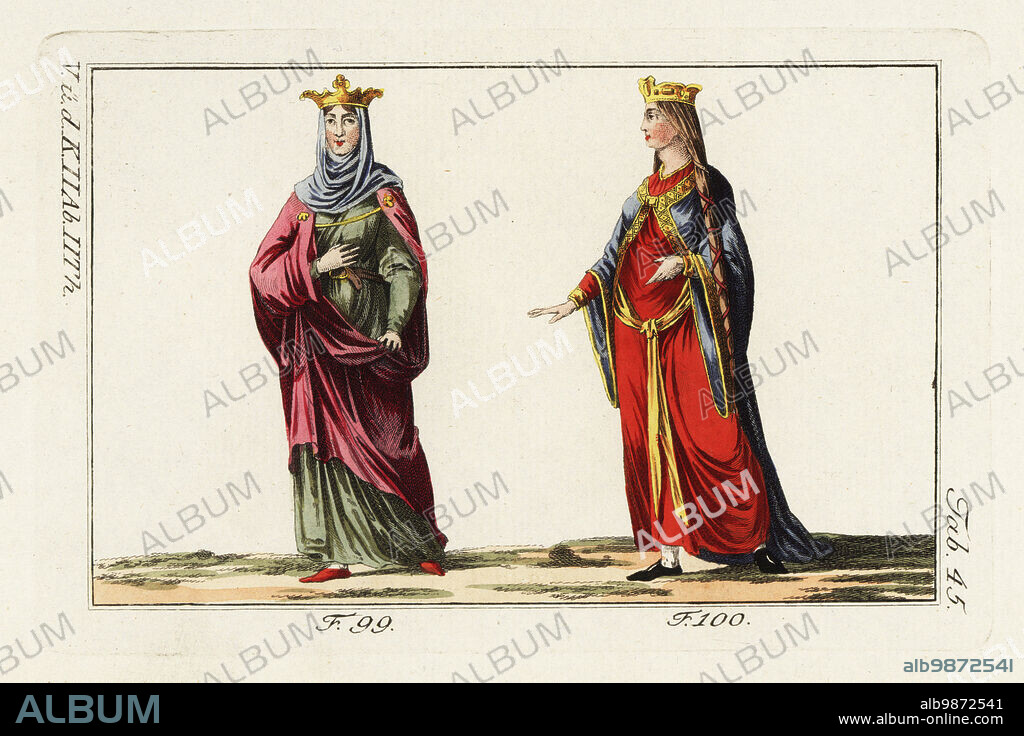 Constance of Arles 99 and unknown French queen 100. Constance of Arles, 986~1034, or Constance of Provence, was the third wife and queen of King Robert II of France. She wears a veil that covers hair, neck and bosom like a wimple. The tunic of the Franks extended from the neck and fell to the feet. The queens of the first and second race wore richly embroidered belts, whose ends fell very low. Handcolored copperplate engraving from Robert von Spalart's Historical Picture of the Costumes of the Principal People of Antiquity and Middle Ages, Vienna, 1802.