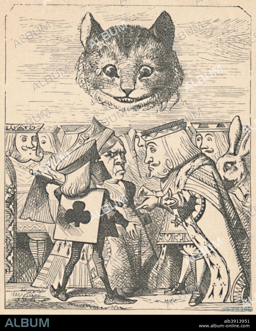'The Cheshire Cat looking down at the Red King and Queen having an argument', 1889. Lewis Carroll's (1832-1898) 'Alice in Wonderland' as illustrated by John Tenniel (1820-1914). From Alice's Adventures in Wonderland by Lewis Carroll. [Macmillan & Co., New York, 1889].