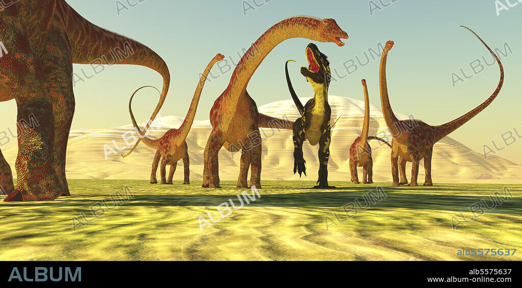 A theropod Torvosaurus tries to bring down a Diplodocus dinosaur during the Jurassic Period.