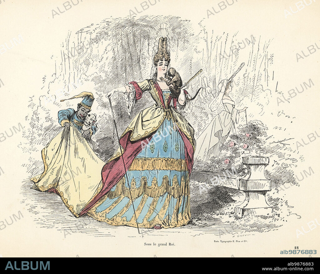 Costume of a noble woman under King Louis XIV of France, 1638-1715. She wear a long gown over an embroidered petticoat, and carries a pet monkey. A black page boy in livery holds her train and carries a lapdog. Sous le grand Roi. Handcoloured engraving by Gilloy after an illustration by Alfred Grevin from Les Filles dEve, Album de travestissements plus ou moins historiques, Typographie Eugene Plon, Paris, 1850.