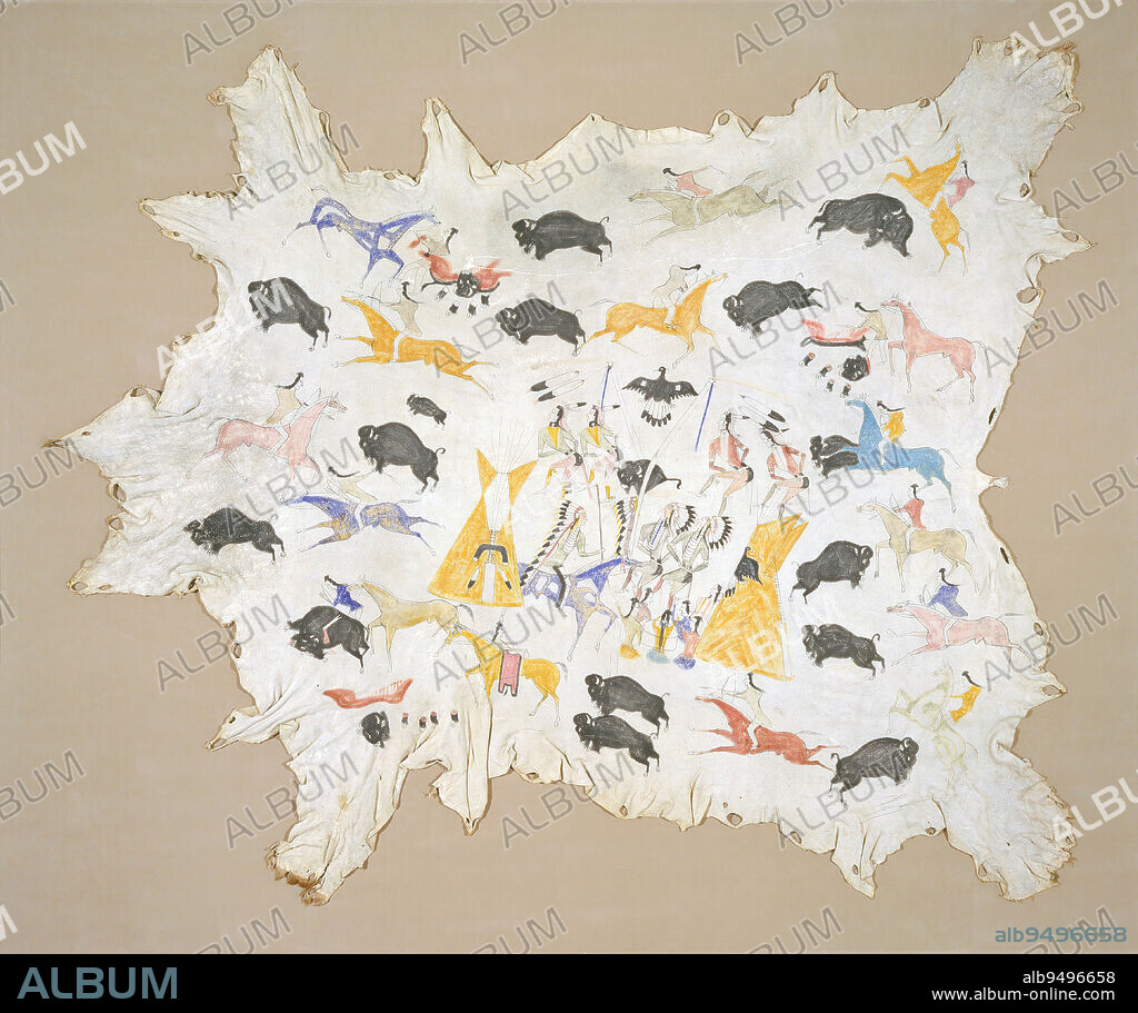Scenes of Plains Indian Life, c. 1880, Cadzi Cody, Wind River Shoshone, 1866-1912, 68 x 79 in. (172.7 x 200.7 cm), Elkhide, pigments, United States, 19th century, Hide painting was a medium for recording stories and events by Plains men for centuries. Like his contemporaries, Cadzi Cody recorded events that he remembered from before he was confined to the reservation: the Sun Dance, a Grass Dance, and a buffalo hunt.
