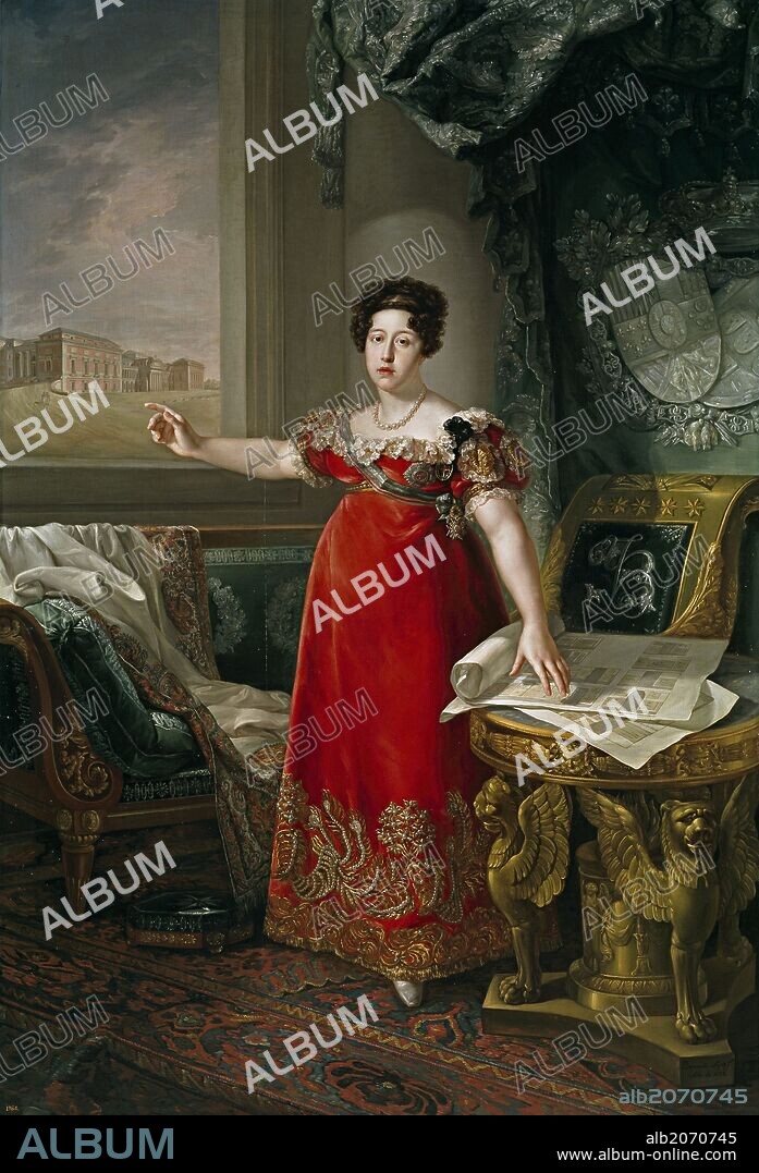 BERNARDO LÓPEZ PIQUER. Bernardo López Piquer / 'María Isabel de Braganza, reina de España, como fundadora del Museo del Prado', 1829, Escuela Española, Óleo sobre Lienzo, 258 cm x 174 cm, P00863.