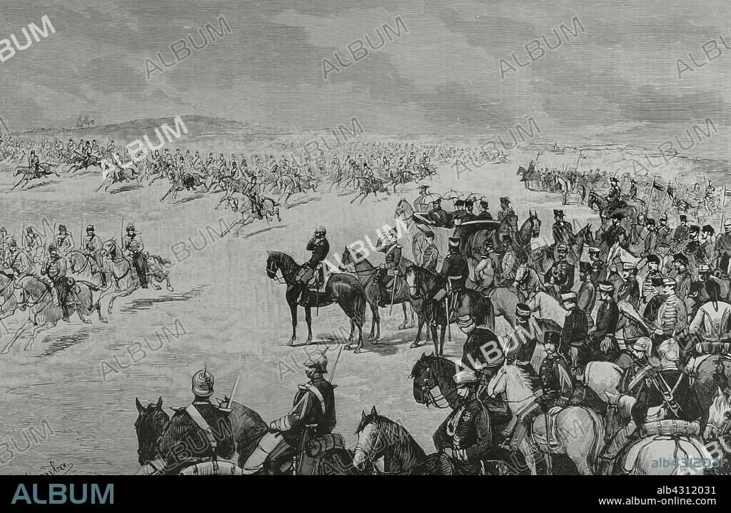 JUAN COMBA GARCÍA (1852-1924). SPANISH ILLUSTRATOR. TOMÁS CARLOS CAPUZ (1834-1899). SPANISH ENGRAVER.. España. Madrid. Maniobras de caballería en los campos de Carabanchel. Desfile, en columna de honor, ante Sus Majestades y Altezas Reales. El dia 31 de enero de 1883 terminaron los ejercicios militares, celebrados en honor del príncipe Luis Fernando de Baviera, prometido de la infanta Doña Paz. Una división de caballería desfiló, al retirarse, en columna de honor y al galope, ante el rey Alfonso XII, el príncipe bávaro y el infante Don Antonio. Dibujo al natural por Juan Comba. Grabado por Tomás Carlos Capuz (1834-1899). La Ilustración Española y Americana, 8 de febrero de 1883.