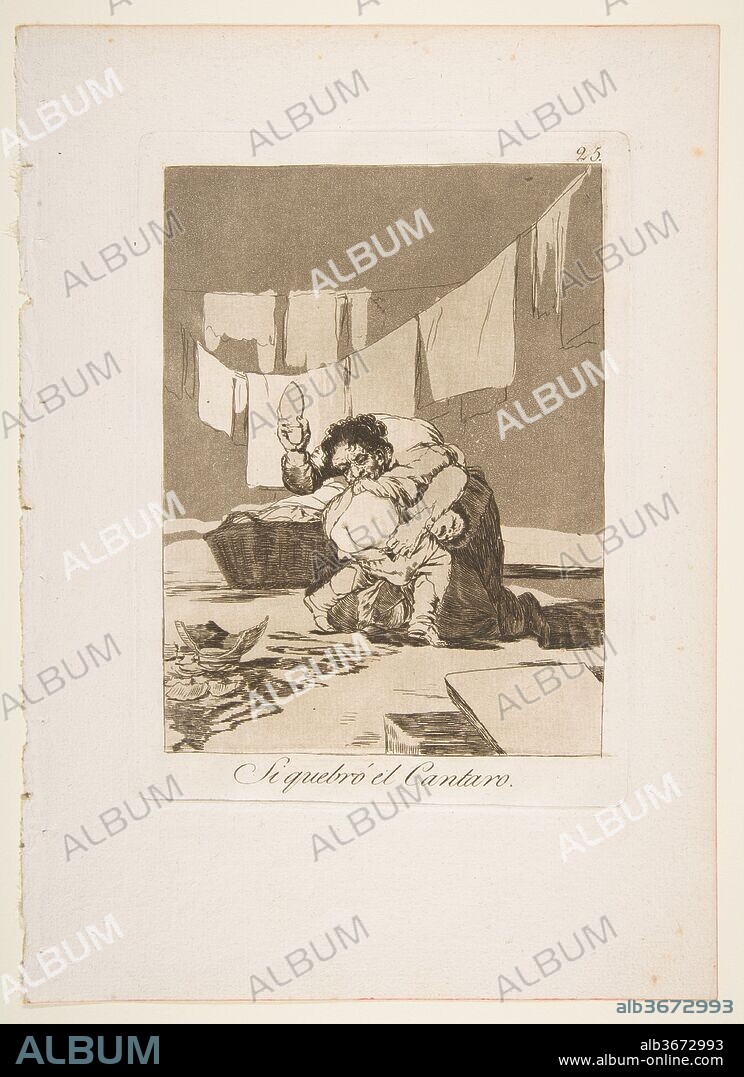 Plate 25 from 'Los Caprichos': If he broke the pot (Si quebró el Cantaro.). Artist: Goya (Francisco de Goya y Lucientes) (Spanish, Fuendetodos 1746-1828 Bordeaux). Dimensions: Plate: 8 1/16 x 5 7/8 in. (20.4 x 14.9 cm)
Sheet: 11 5/8 × 8 1/4 in. (29.5 × 21 cm). Series/Portfolio: Los Caprichos. Date: 1799.